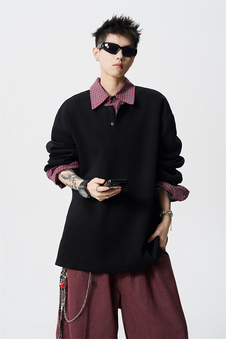 M-8XL美式假两件格子拼接翻领卫衣大码polo领长袖T恤衫WY5110/P58,男装T恤,电商B238
