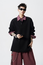 M-8XL美式假两件格子拼接翻领卫衣大码polo领长袖T恤衫WY5110/P58，男装T恤，电商B238