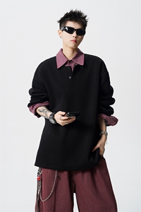 M-8XL美式假两件格子拼接翻领卫衣大码polo领长袖T恤衫WY5110/P58图片