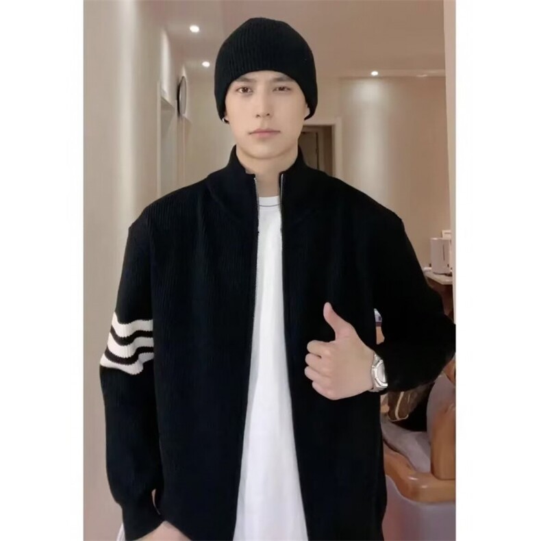 灰色美式三条杠针织衫外套男款秋季松弛感长袖简约情侣款开衫毛衣,男装针织衫/毛衣,星座410-7