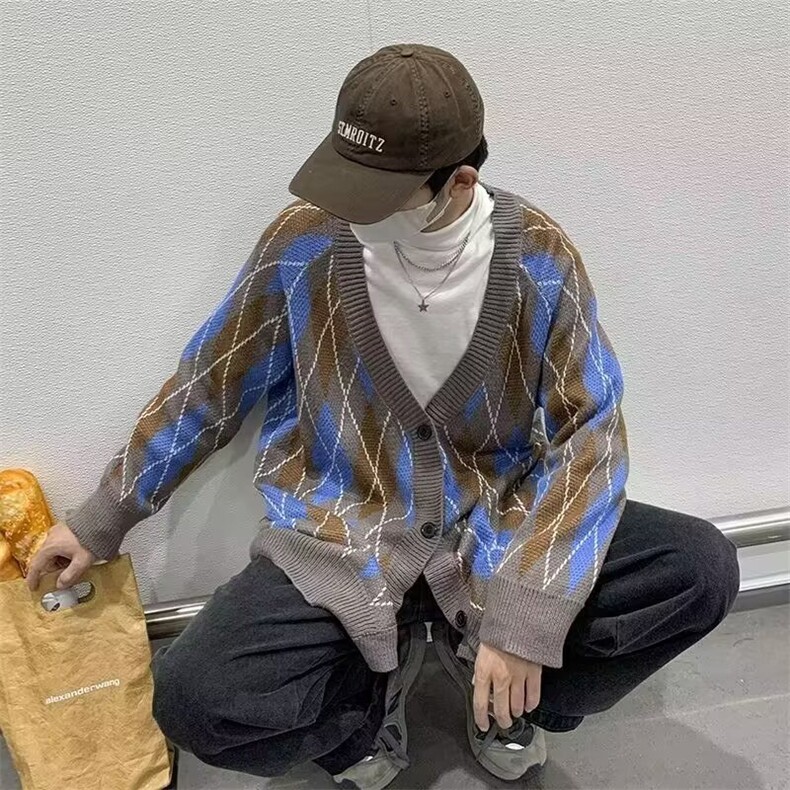 菱形格子毛衣男秋冬季港风复古ins潮流针织衫M5516P40,男装针织衫/毛衣,星座1116-2