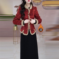 夹棉加厚两件套连衣裙女新款高级感妈妈洋气套装裙子，女装棉衣/棉服，韩蔻秀