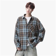 衬衫男春季新款港风宽松大码磨毛格子长袖衬衣CS618-P35，男装衬衫，星座214-3