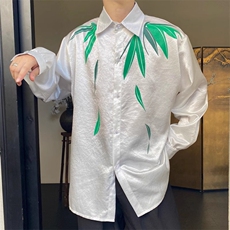 春季中式盘扣立领长袖男衬衫潮流复古缎面印花竹叶衬衣女176P75，男装衬衫，星座901-1（原C217）