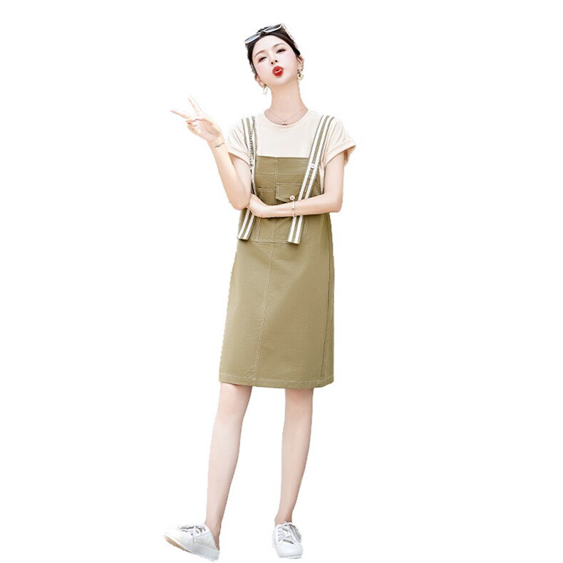 《现货48H发》甜美时尚拼接工装背带裤两件套套裙,女装套装/套裙,曼琳思菲