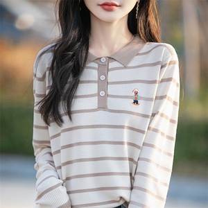 羊范春装2025新款精纺羊毛刺绣针织衫女POLO领撞色长袖宽松减龄款图片