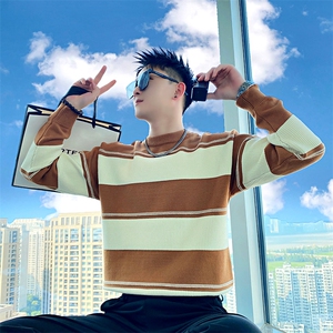 AM228/P88控118/秋季社会小伙流行拼接设计撞色针织衫毛衣男黑首图片