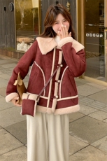 酒红色海军领设计麂皮绒皮毛一体羊羔毛外套女秋冬2025新款厚棉服，女装羊羔毛/颗粒绒，浪娴服饰