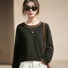 2025年秋季时尚百搭通勤休闲加厚配色卷边圆领，女装针织衫/毛衣，秋虹羊绒