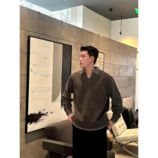 重磅北极绒假两件衬衫领毛衣美式高街复古休闲慵懒纯色翻领针织衫，男装针织衫/毛衣，电商A486