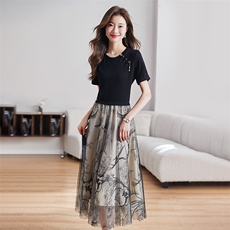 新中式国风连衣裙女夏季小个子收腰遮肚子显瘦网纱拼接假两件裙子，女装连衣裙，布芭啦