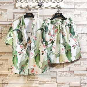 夏日大码套装宽松热带植物花衬衫男短袖痞帅两件套衣35裤23/TP58图片