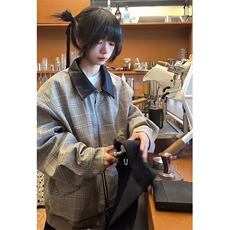 拼接千鸟格廓形外套男女宽松休闲皮领夹克设计感上衣百搭-网图，男装夹克，星座302B-2