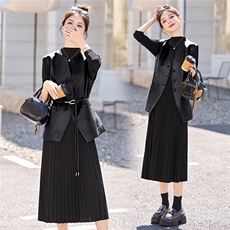 韩系气质百褶裙套装女2025年春秋新款优雅大气连衣裙裙二件套百搭，女装套装/套裙，意芙