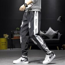 2021春秋季新日系男大码束脚印花撞色拼接九分破洞牛仔裤N8105-P50，男装牛仔裤，电商A001