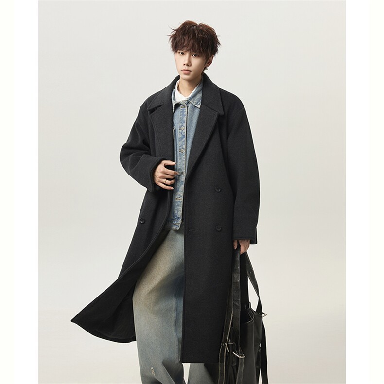 男士冬季双排扣加厚加棉中长款毛呢大衣痞帅呢子风衣-2635-P128，男装风衣，电商B289-1