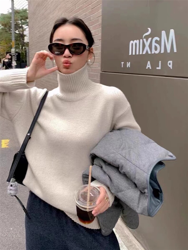 秋季新款舒适显瘦时尚百搭小窄边高翻针织衫,女装羊毛衫,恒恩羊绒