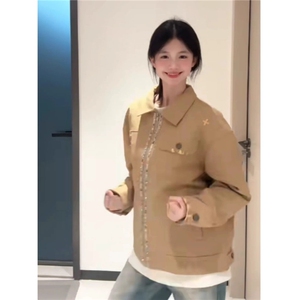 重工刺绣星光熠熠设计感卡其色复古工装夹JK545图片