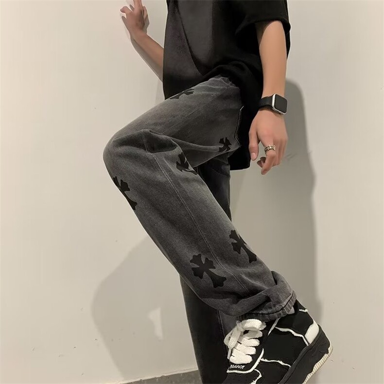 欧美高街十字架牛仔裤男美式嘻哈vibe风街头直筒喇叭裤Z2217P48,男装牛仔裤,星座1116-2
