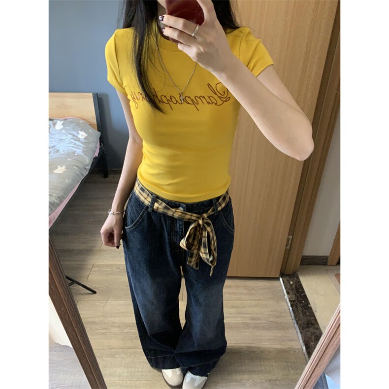 WE1543-P46 格子拼接牛仔裤男女直筒显瘦裤子图片