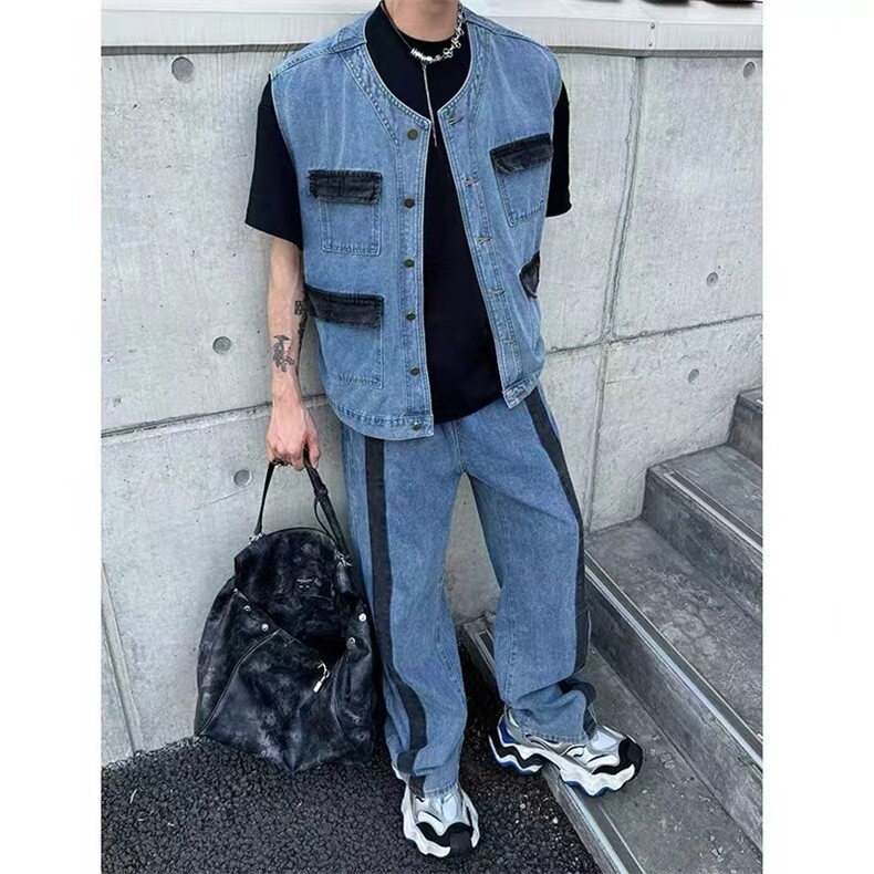高级感痞帅牛仔套装男搭配一套撞色拼接牛仔裤发型师潮牌男装马甲图片