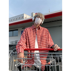 韩版时尚休闲红色格子小众设计感衬衫上衣衬衣C2247-特价P35，男装衬衫，电商A007