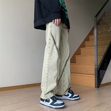 拉链牛仔裤男hiphop高街裤子小众设计感直筒宽松阔腿裤N7222，男装牛仔裤，星座1116A-1（原606A）