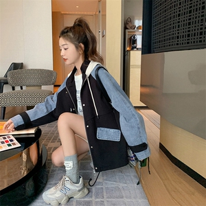 工装短款牛仔拼接连帽外套女春秋2025超火好看高级感小众夹克上衣图片
