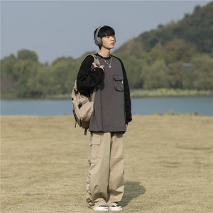 日系复古撞色水洗口袋长袖男春秋新款宽松情侣圆领T恤百搭打底衫图片