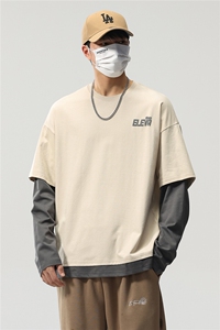 长袖t恤男春秋美式高街潮牌圆领春季宽松假两件卫衣8083-P46控89图片
