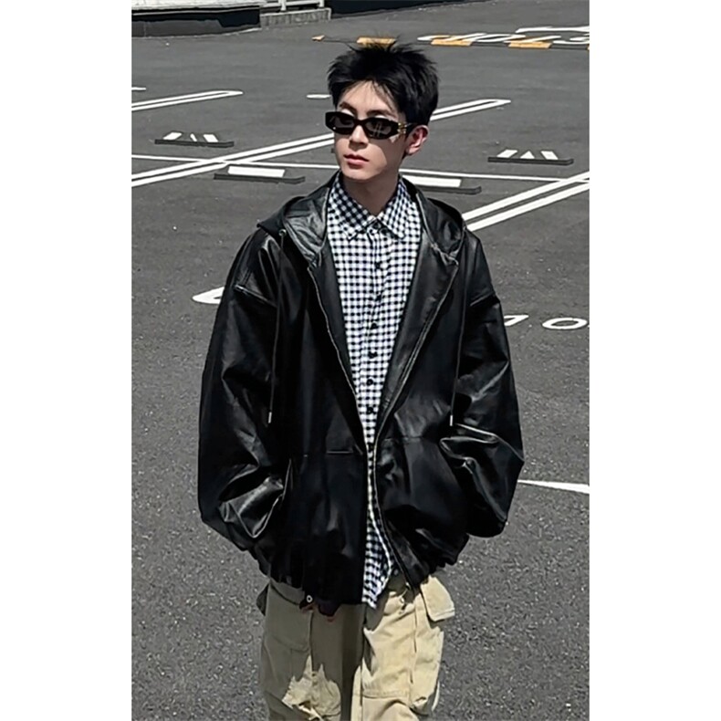 特批P100无差价秋季PU皮连帽大码高街痞帅夹克皮衣外套男J5239，男装皮衣，电商A001