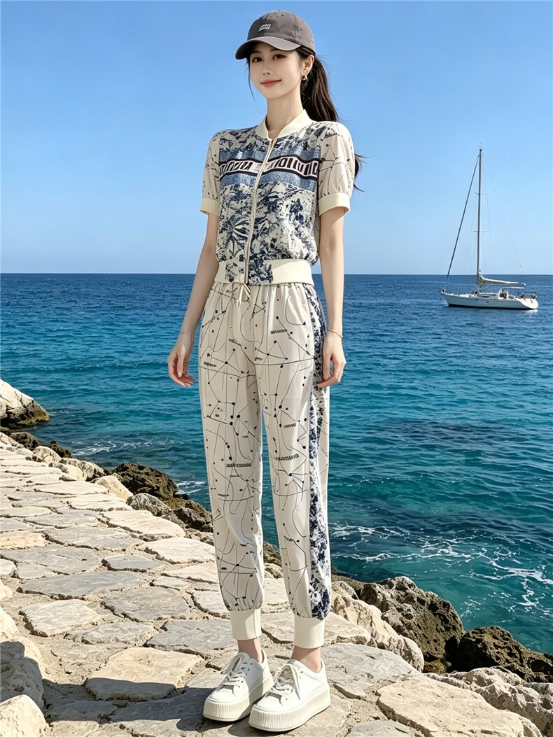 休闲运动套装女夏季新款韩版显瘦拉链开衫短袖卫衣束脚卫裤两件套,女装套装/套裙,江南