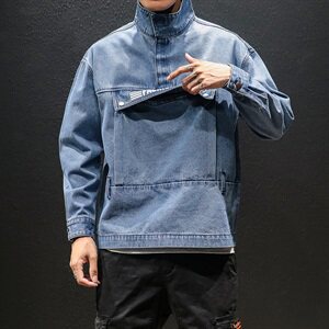 秋装日系套头宽松大口袋印花牛仔卫衣潮男立领魔术贴外套JK07/P75图片