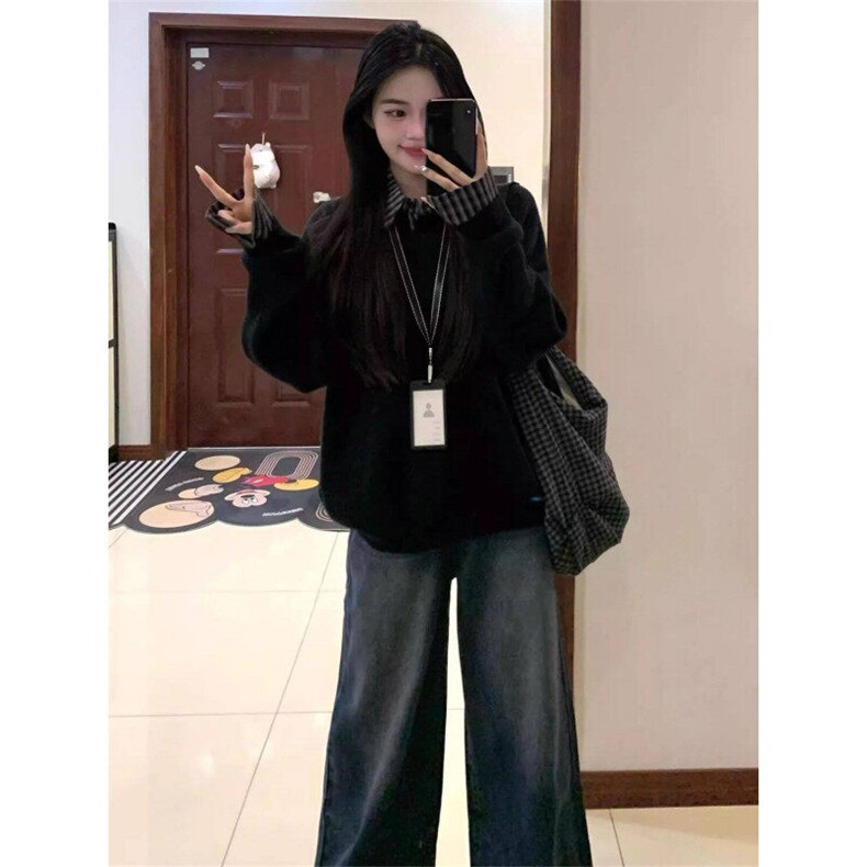 一整套穿搭韩系复古黑色V领套头针织衫毛衣女学生+蓝色格纹衬衫潮图片