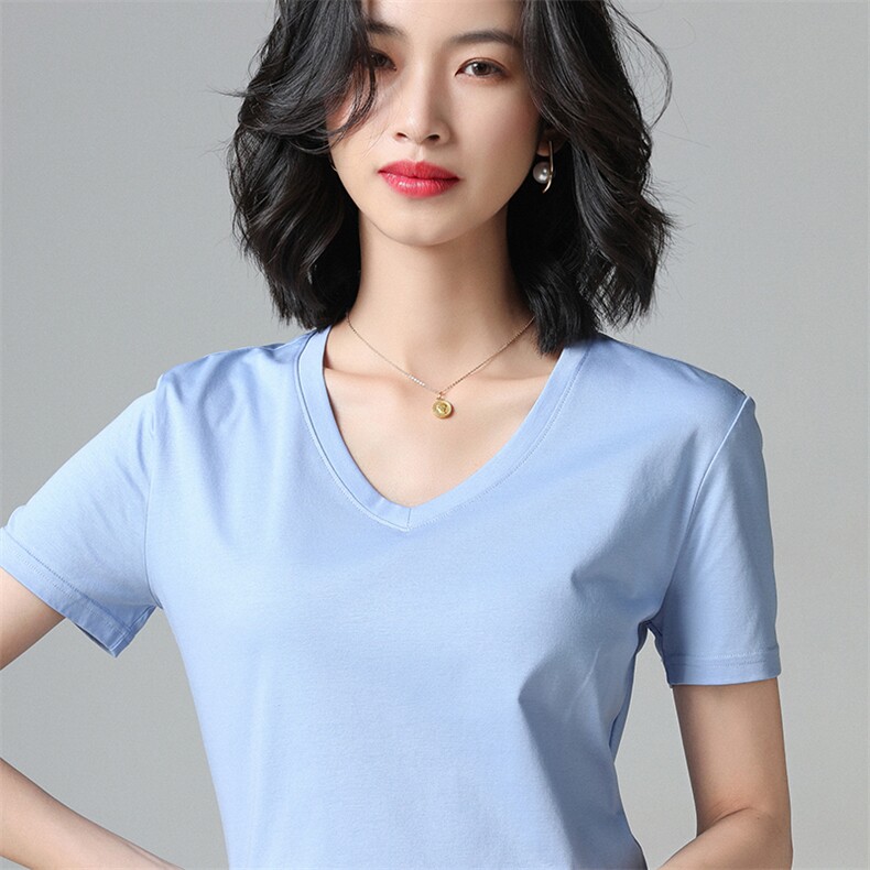 2025夏季丝光棉T恤半袖圆领背心V领汗衫凉爽丝滑短袖,女装T恤,纳丰羊绒