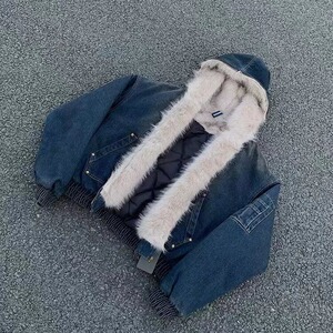 网 连帽牛仔棉服男女水洗重磅座山雕毛领复 B115-P170图片