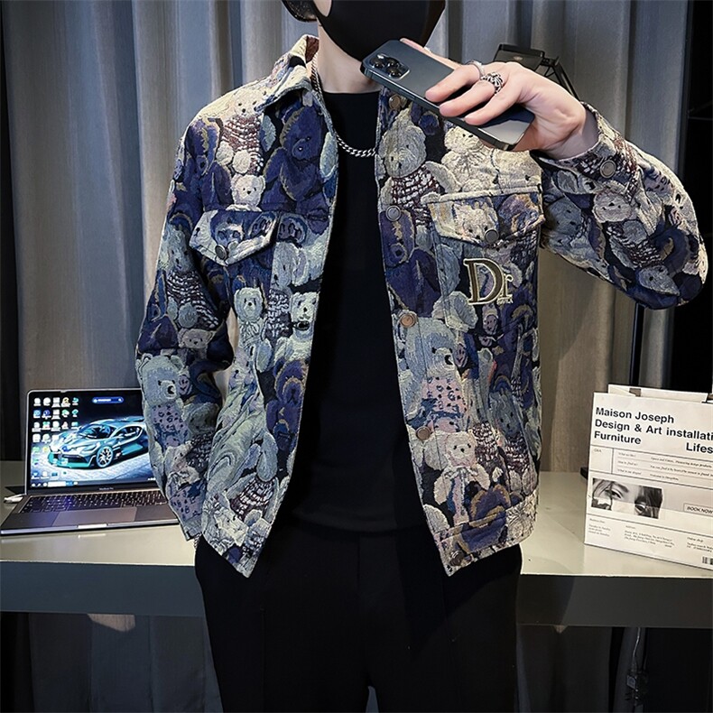 秋季新款小熊刺绣夹克男士潮流翻领修身外套时尚百搭上衣JK03-P98,男装夹克,电商D323（原B261）