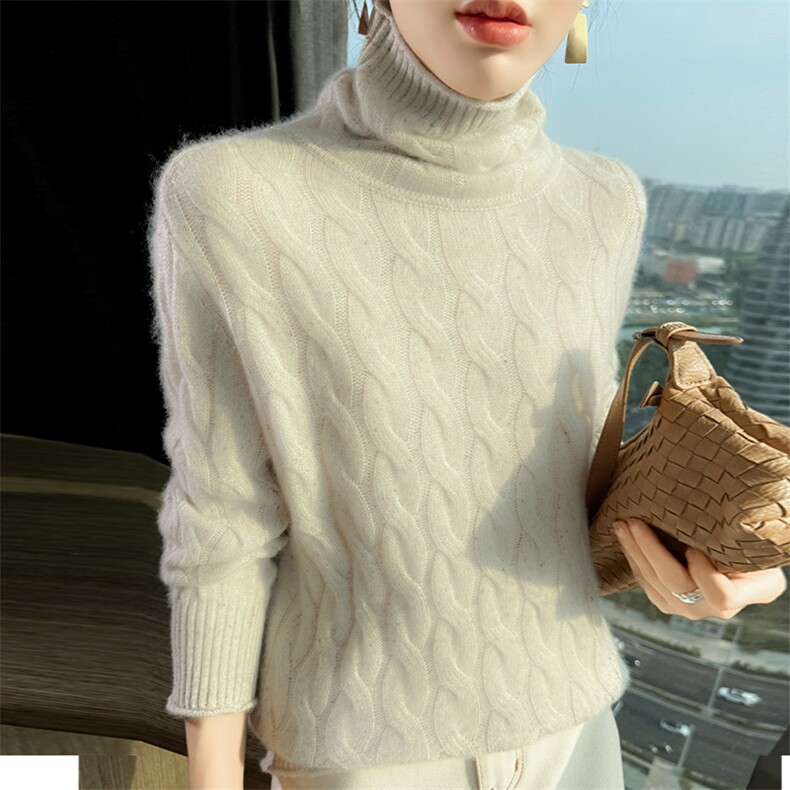 2025秋冬百搭舒适高翻领羊绒衫麻花绞花，女装羊绒衫，更慕羊绒