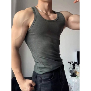 灰色重磅螺纹肌肉背心男款夏季健身运动跨栏无袖T恤健身显大汗衫图片