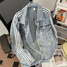 F122-P64春季新款条纹拼接翻领牛仔夹克男潮牌运动风宽松外套，男装夹克，星座512-6