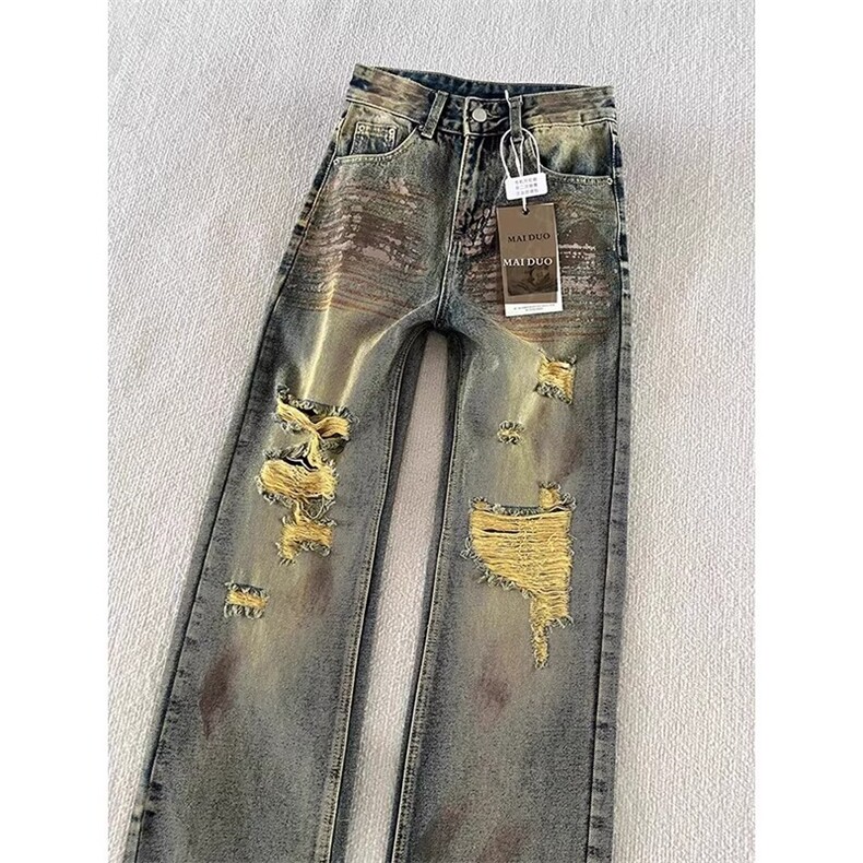 AK1869-P60潮酷高街复古做旧痞帅炸街水洗脏染破洞牛仔裤,女装休闲裤,星座617A-2
