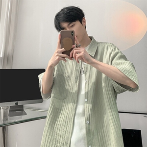 特批P27无差价夏季竖条纹翻领肌理感大码休闲短袖衬衫男CD5472图片