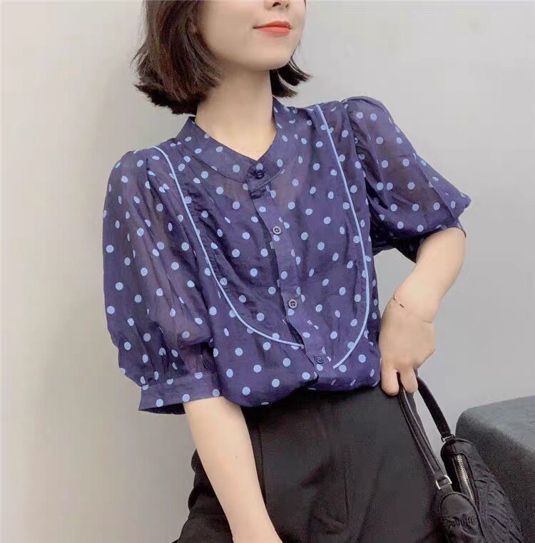 欧洲站2021夏季新款欧货女装宽松波点雪纺衫女泡泡袖洋气上衣,女装衬衫,潮品会