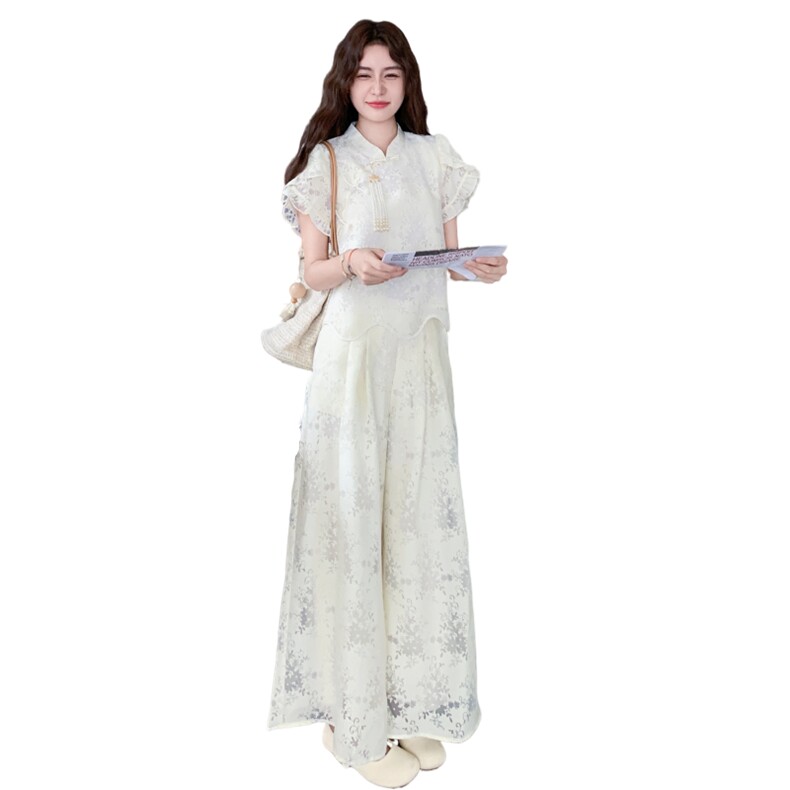 新中式国风氛围感休闲套装女2025夏季新款设计感上衣阔腿裤两件套,女装套装/套裙,2C168