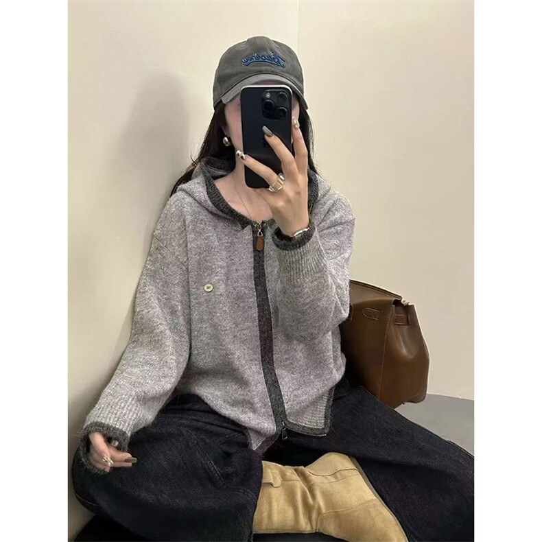 毛衣女极简风高领针织开衫女秋冬宽松大码毛衣外套短款上衣,针织衫/毛衣,暖姿羊绒