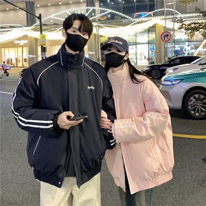情侣装冬装 港风条纹织带棉服 棉衣休闲加厚外套男女 G1107 P118图片