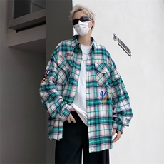 美式cleanfit格子衬衫男女潮牌嘻哈宽松字母刺绣情侣装外套-C1101，男装衬衫，星座601-2