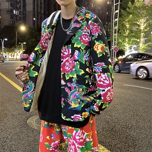 XF01男秋港风文艺休闲大码西服套装西装东北大花民族风特色风图片