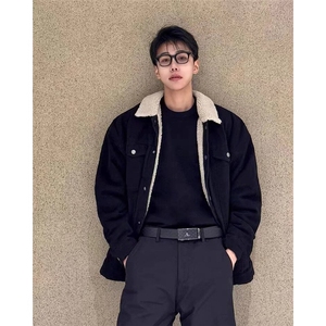 黑色羊羔绒工装牛仔外套男冬季美式加厚保暖棉服潮牌短款翻领夹克