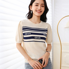 美式复古圆领短袖T恤女夏季设计感小众百搭显瘦纯棉针织上衣，女装T恤，伊绒腾羊绒